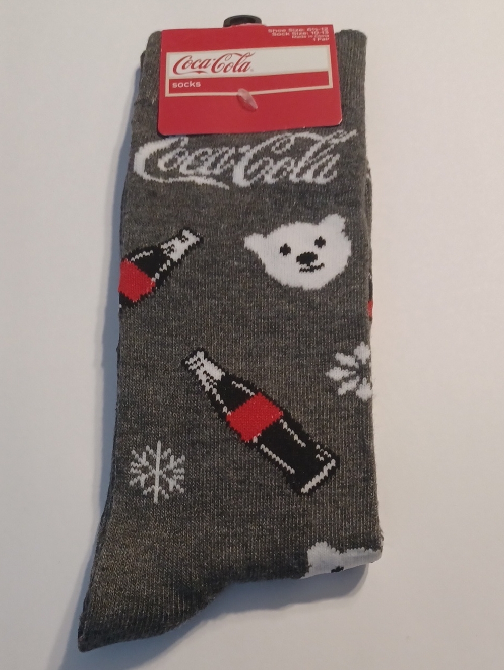 Coca-Cola Grey Crew Socks with Bottle & Polar Bear Motifs